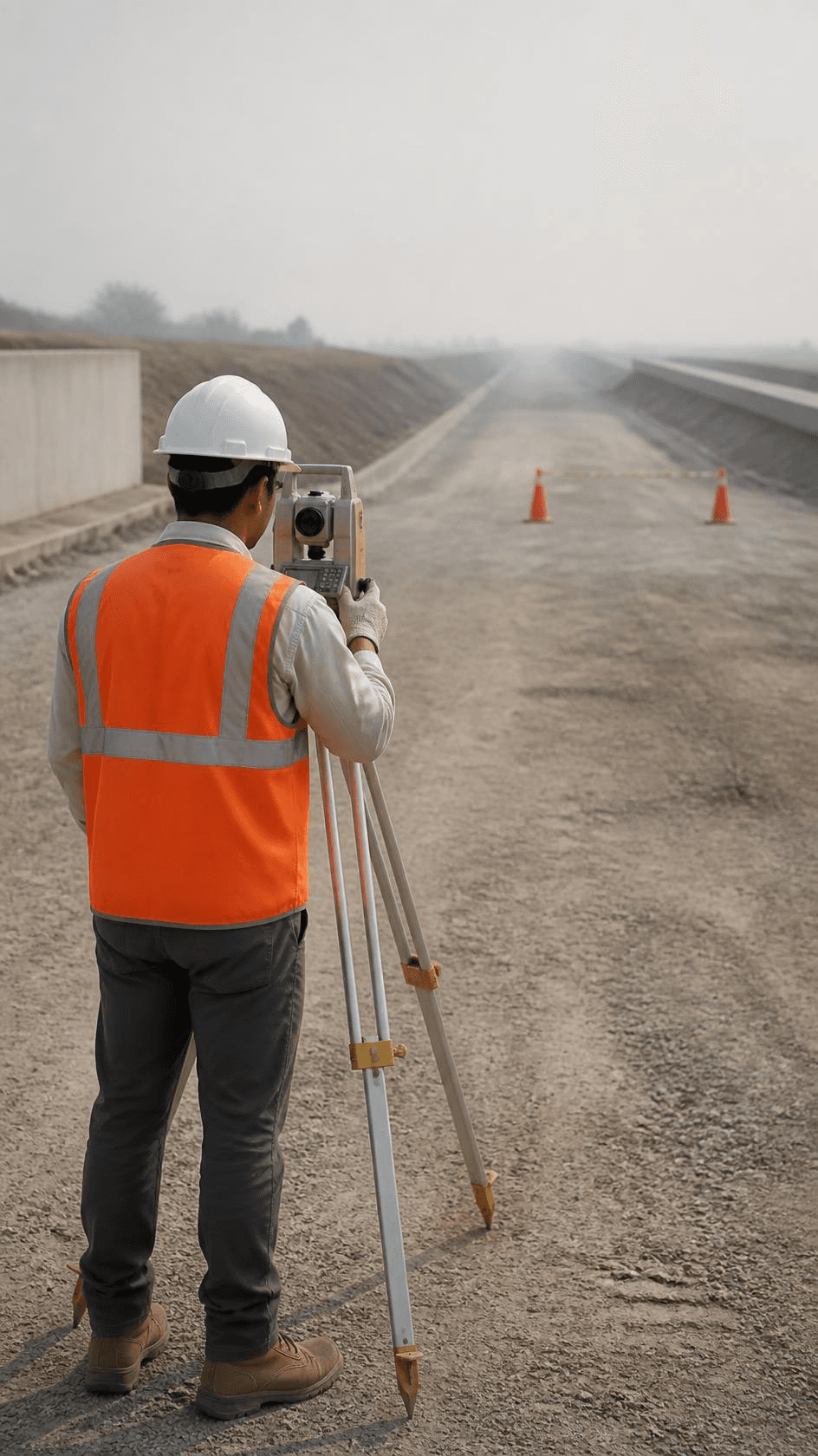 A total station on a tripod on an unfinished expressway corridor.