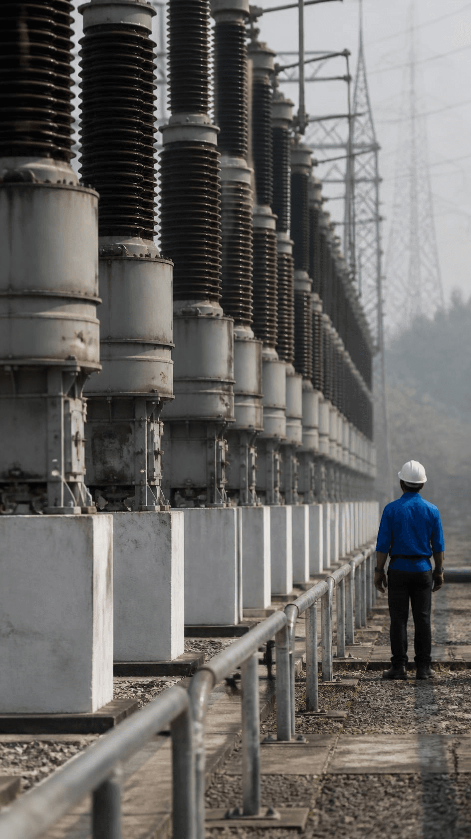High-voltage transformer bushings in a row at a substation compound.