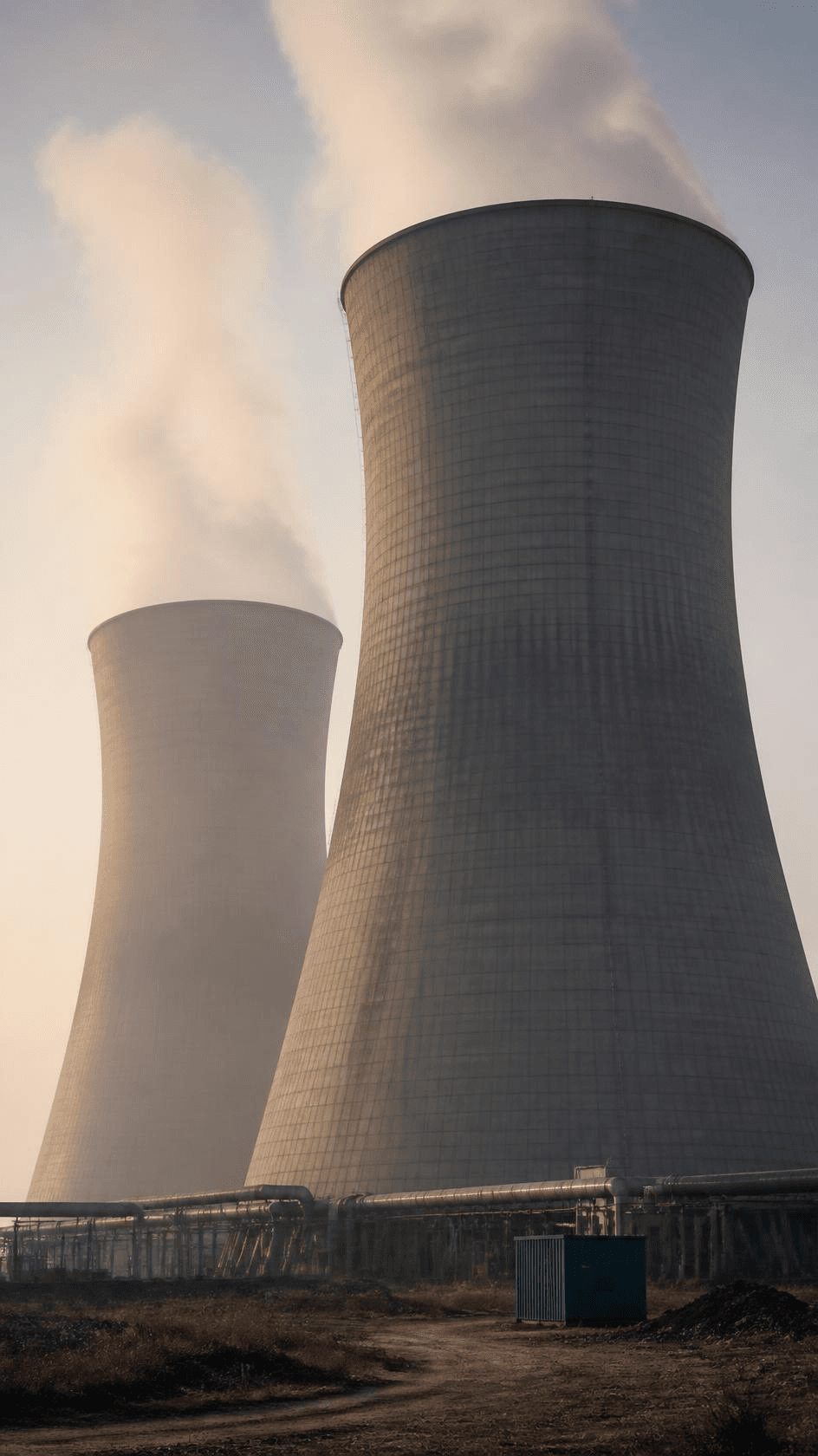 Cooling towers at a coal-fired thermal power plant in haze.