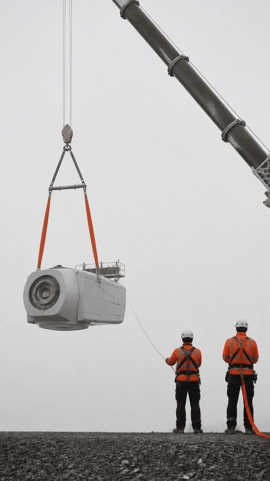 A turbine nacelle suspended on lifting slings against a hazy sky.