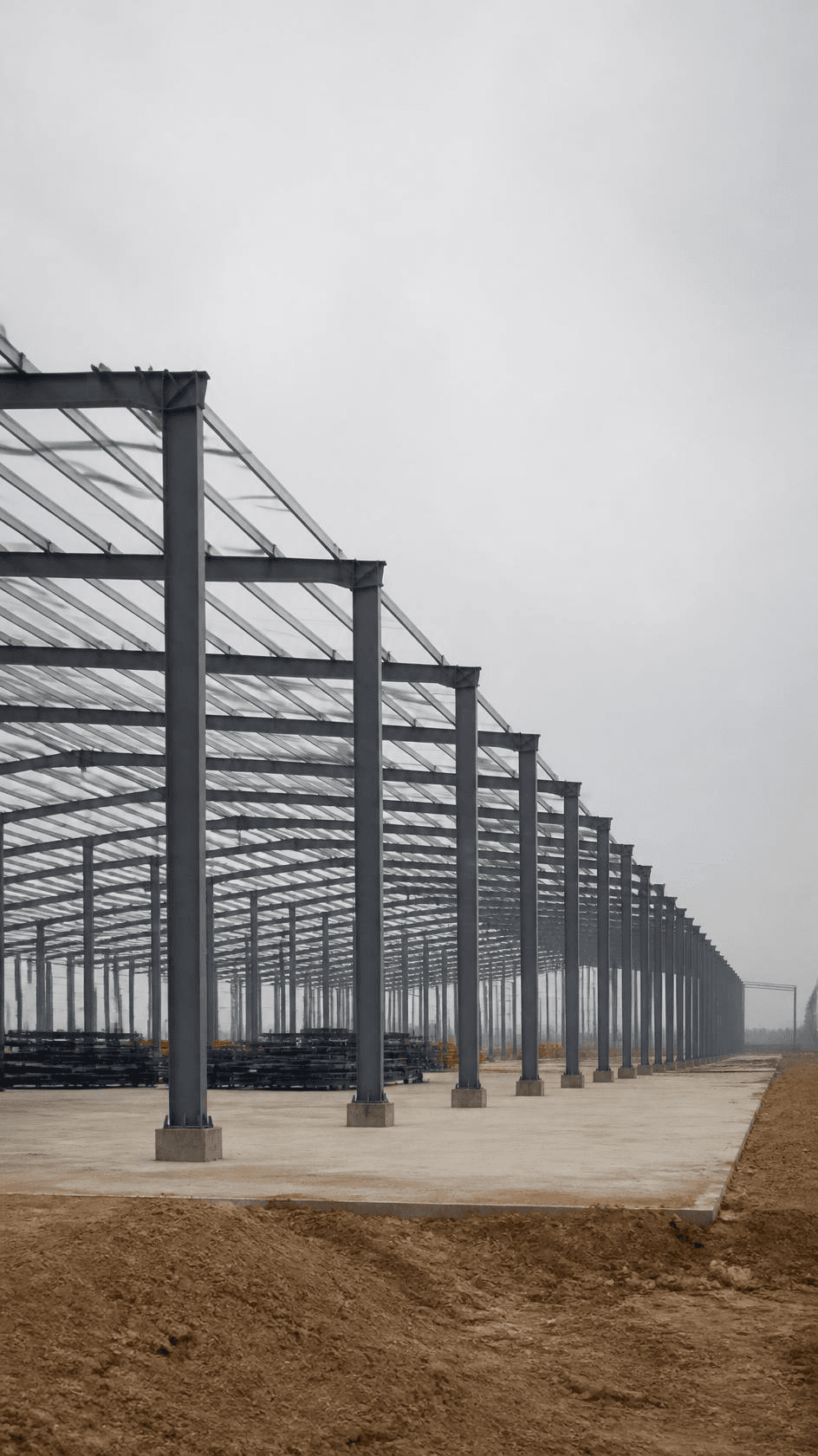 A logistics warehouse under construction, steel roof portal frames open to the sky above a poured floor slab.