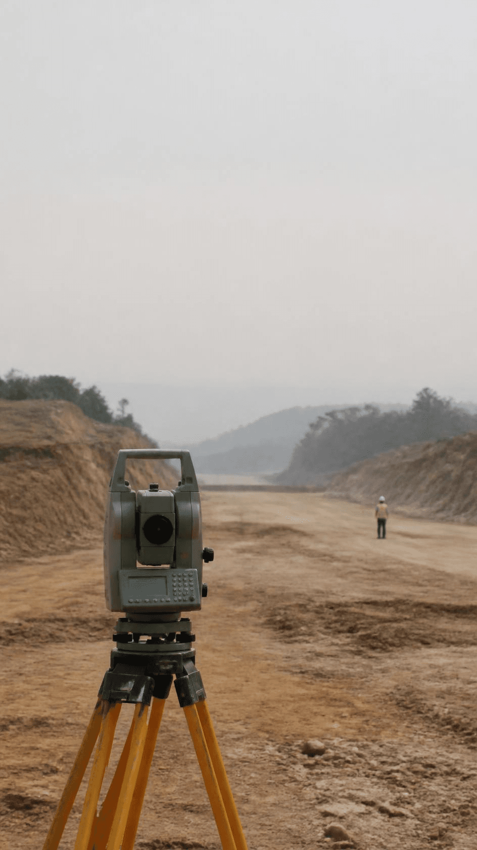 A survey total station on a tripod, an unfinished road corridor running away behind it.