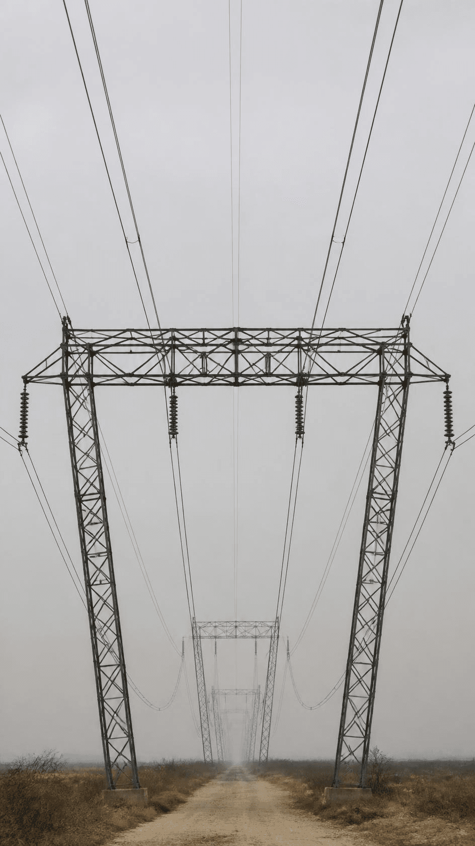 A high-voltage transmission gantry with conductors receding into haze past a line of towers.