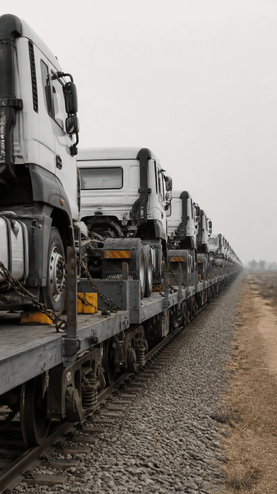 Road trucks secured on flat railway wagons receding along the length of a rake.