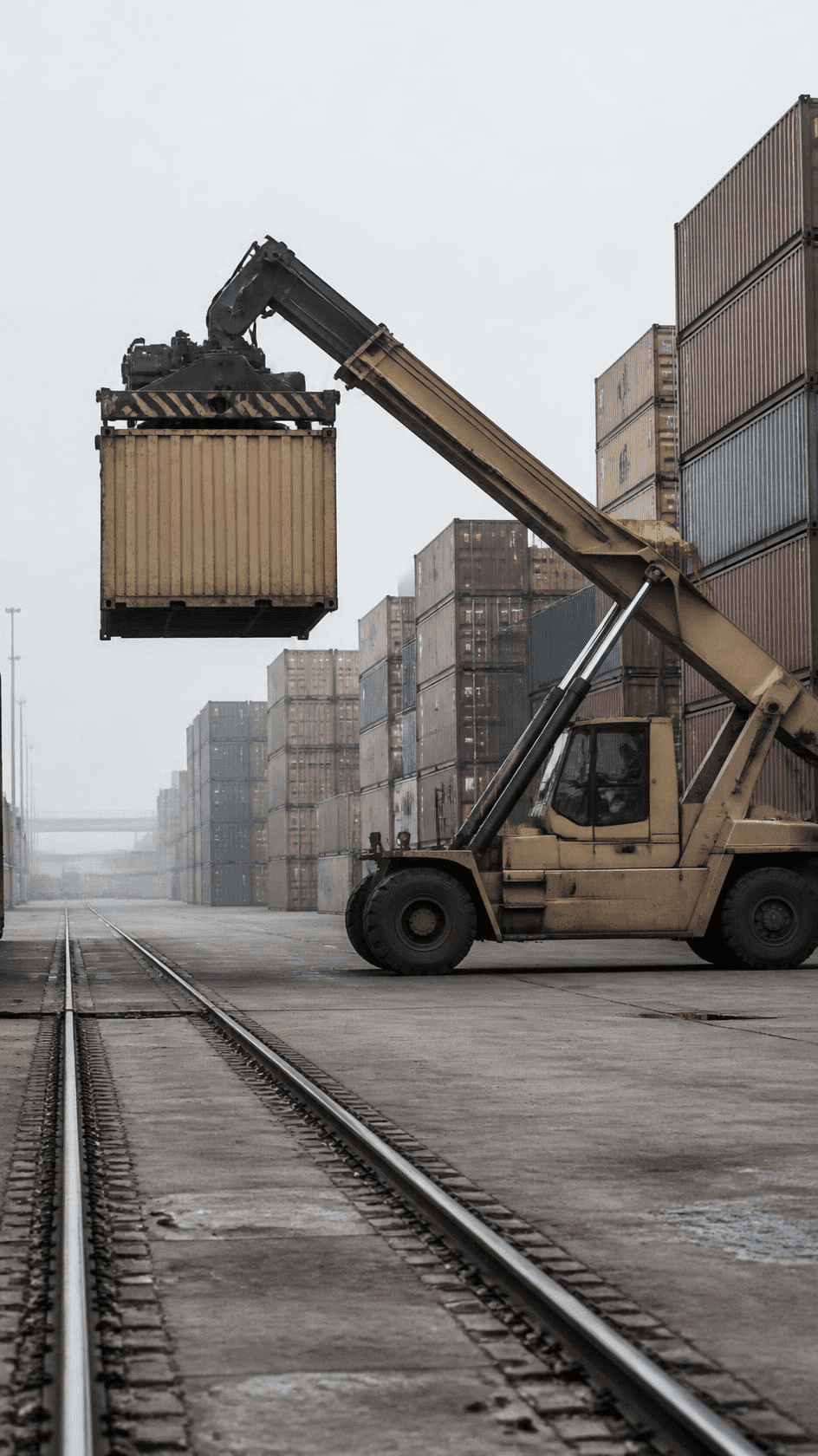A reach stacker lifting a container in a rail-served terminal yard.