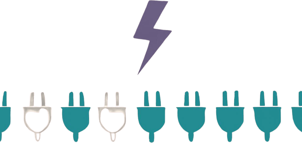 llustration of a row of EV charging plugs with some faded to grey outlines, beneath a purple lightning bolt — representing India's installed but non-functional public chargers.