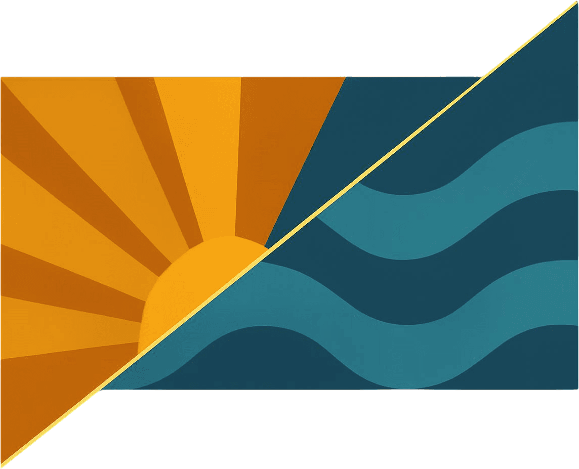 Diagonal split illustration: a gold sunburst representing solar power meets teal waves representing hydropower.