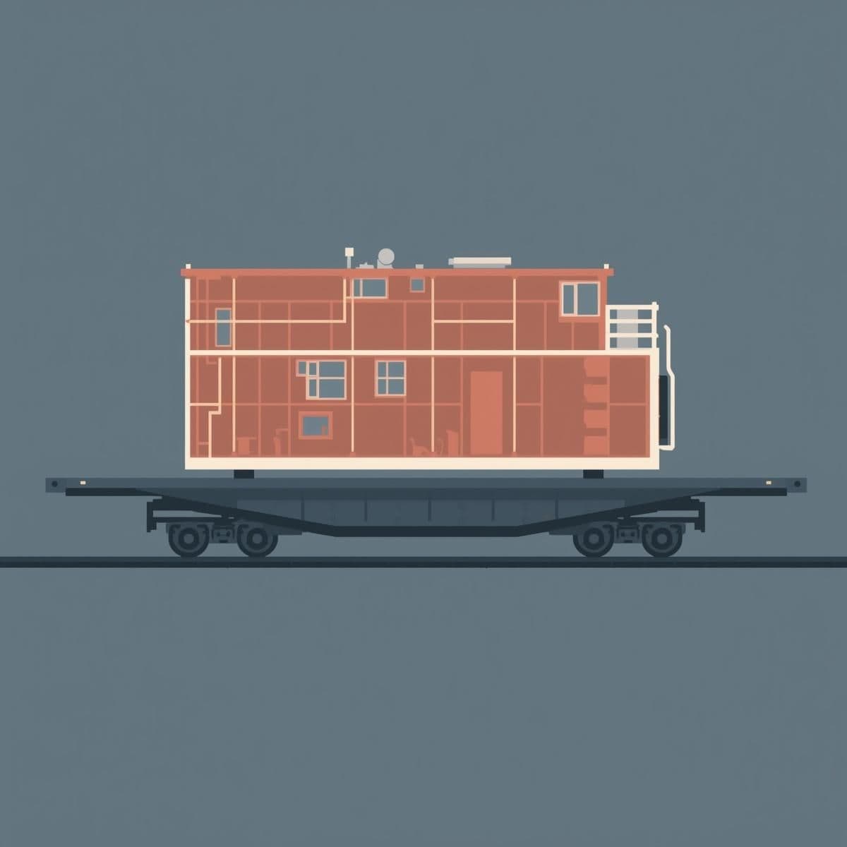 A minimalist vector illustration of a massive, fully completed brick red and off-white architectural module resting securely on a heavy dark charcoal transport vehicle moving along a track.