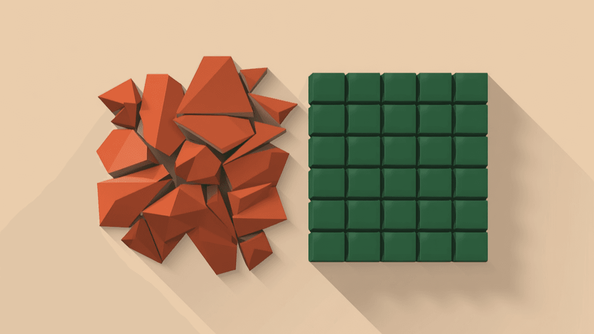 A minimalist vector illustration on a light sand background. On the left, a chaotic cluster of jagged terracotta and steel-grey polygons represents unstructured, disputed land. As they move to the right, these shapes are systematically organized into a perfectly aligned, heavy grid of solid forest-green blocks, representing secure and structured digital records.
