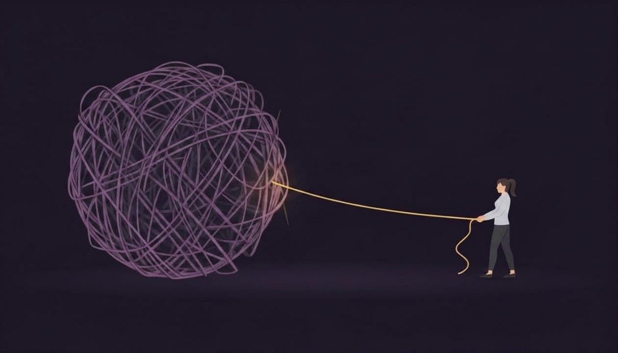 A minimalist vector illustration on a dark purple background showing a human figure pulling a glowing gold thread out from a massive ball of tangled grey-purple yarn. This visualizes the process of extracting clarity, order, and a clear path from chaotic, legacy "spaghetti" code