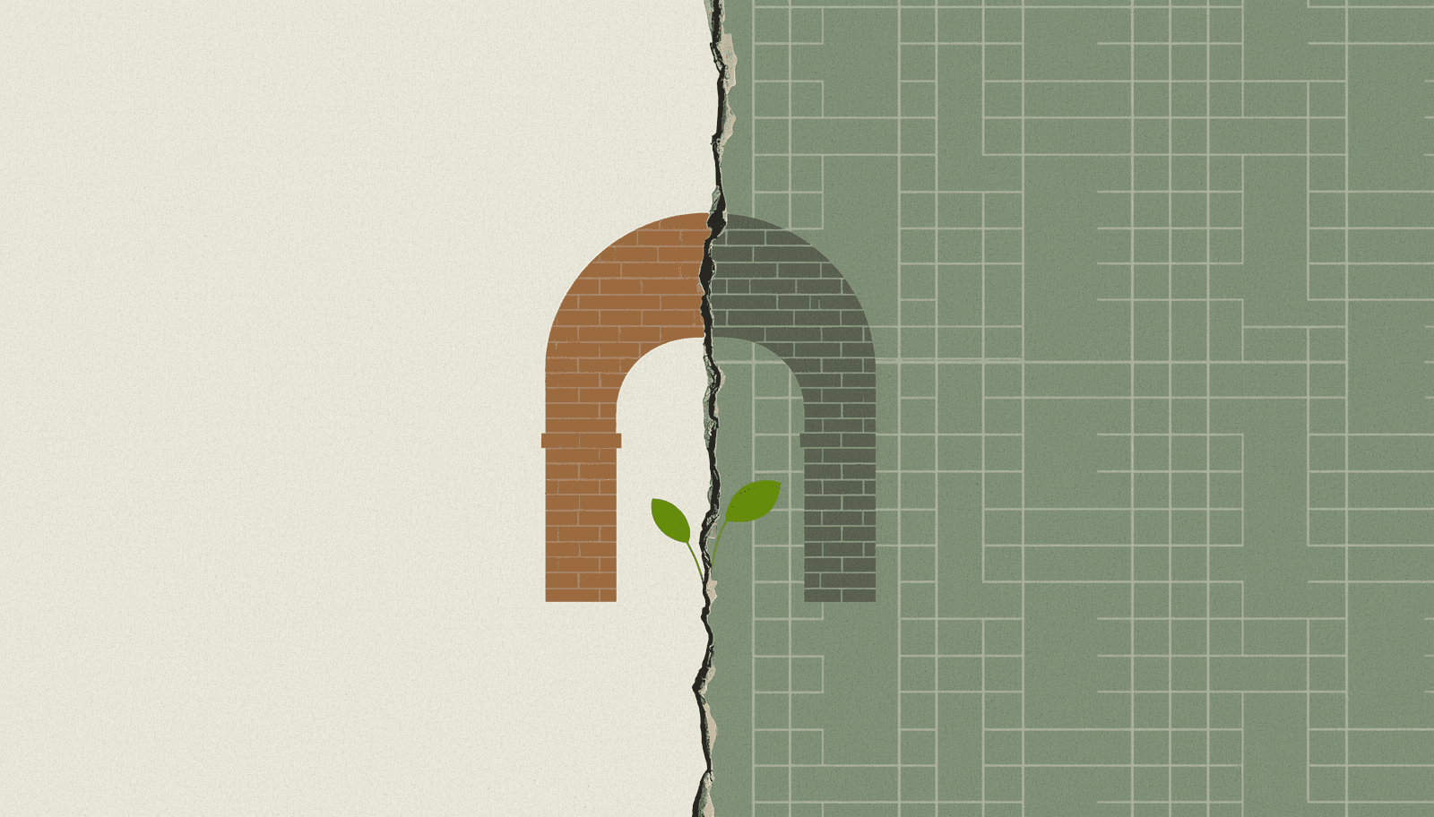 Illustration of a seedling sprouting from a cracked brick archway, representing sustainable contech business models emerging within fragmented construction markets.