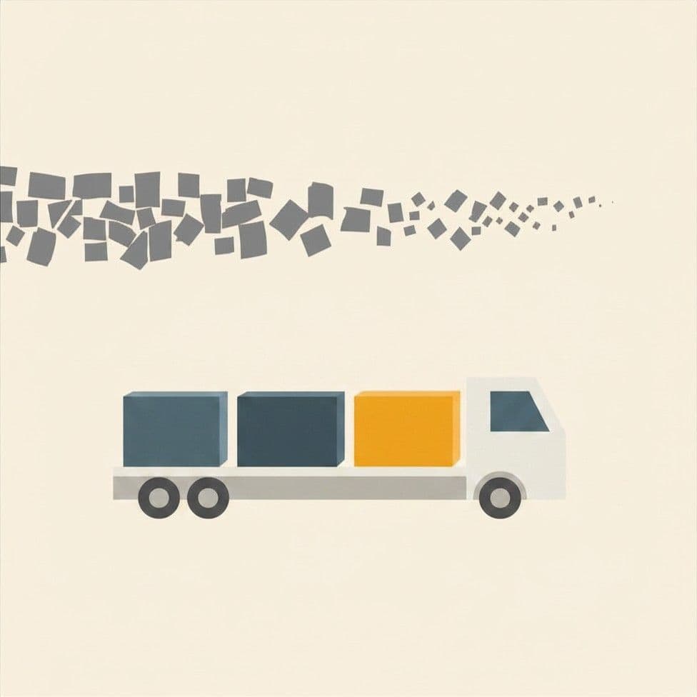 A horizontal infographic comparing two timelines. The top shows slow, sequential grey blocks. The bottom shows solid slate blue and mustard yellow blocks moving forward simultaneously in parallel on a truck, arriving much faster.