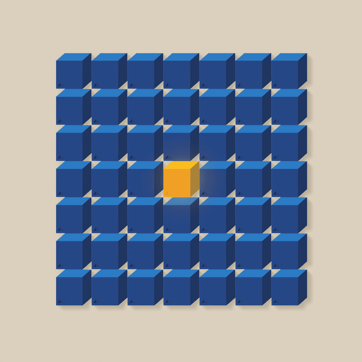 An illustration showing a neatly organized grid of cobalt blocks missing one central piece, which is separated from the structure by a deep crimson chasm.