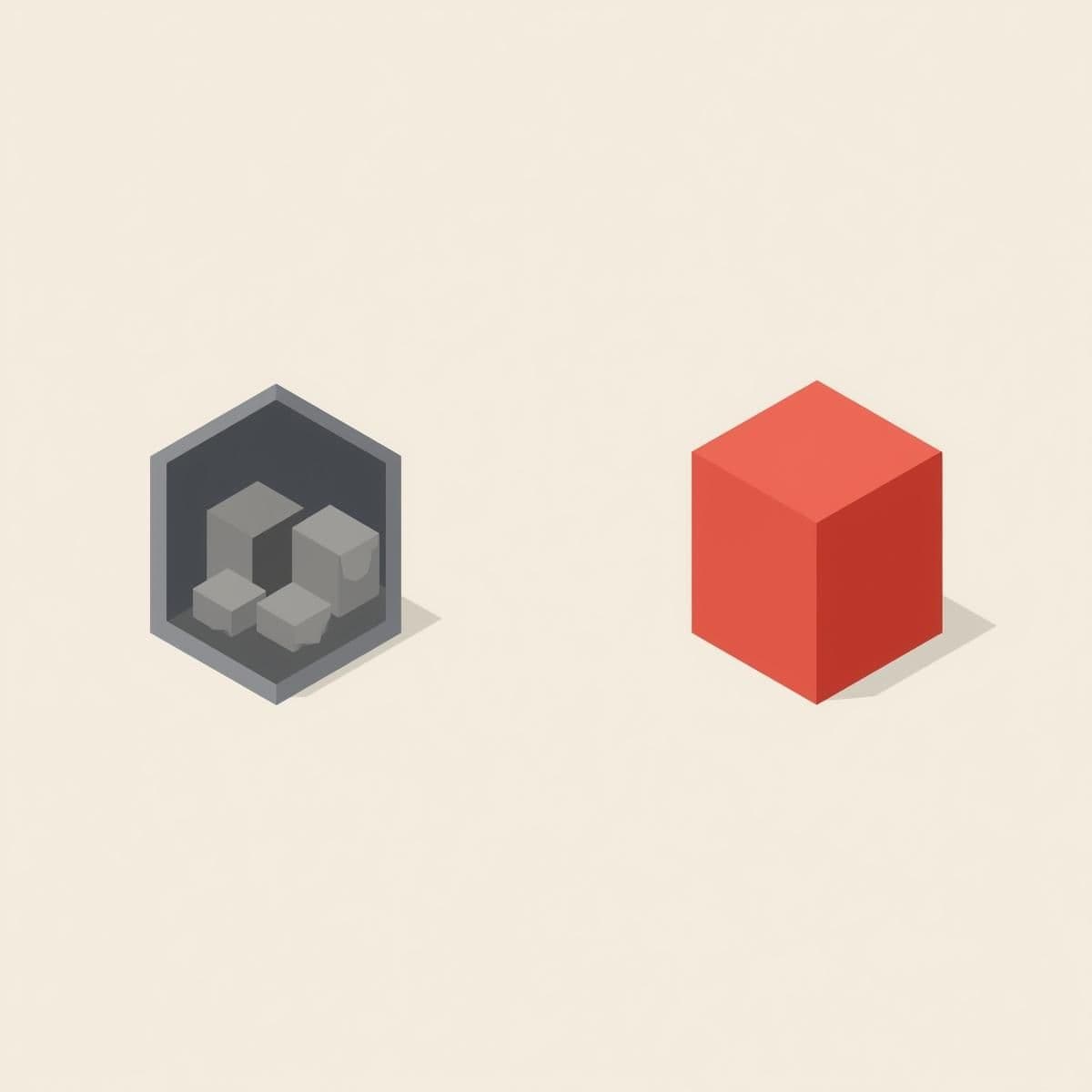 A minimalist illustration showing rough, uneven grey shapes entering a dark industrial press and emerging as flawless, identical brick red cubes, representing strict quality control.
