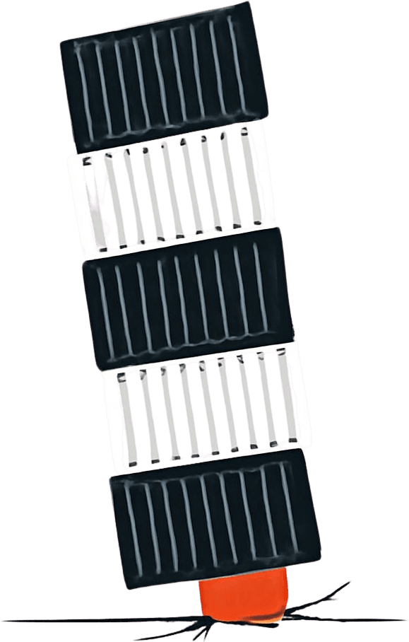 Minimalist flat editorial illustration of a tall, top-heavy stack of heavy black ribbed blocks balancing on a single small orange block that is cracking the ground beneath it — depicting how mounting war-risk surcharges pile onto India's importers until landed costs fracture their margins.