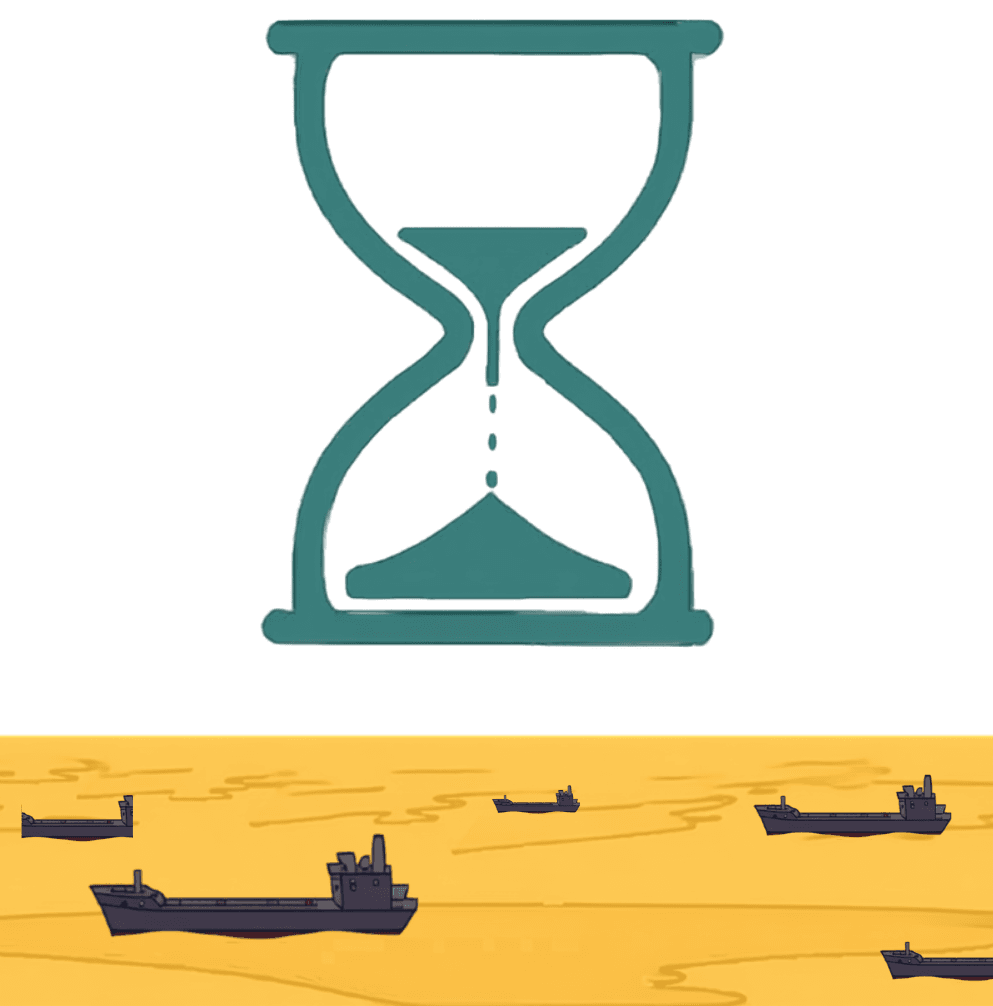 Teal hourglass draining above a gold sea crossed by dark oil tankers, illustrating India's thin crude reserve cover.