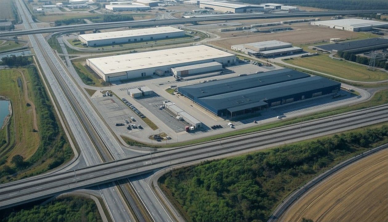 An aerial daytime photograph of a massive logistics cluster. Several large, flat-roofed warehouse buildings are situated directly next to a complex intersection of multi-lane expressways and dedicated railway freight tracks, emphasizing multimodal connectivity and strategic geographic positioning.