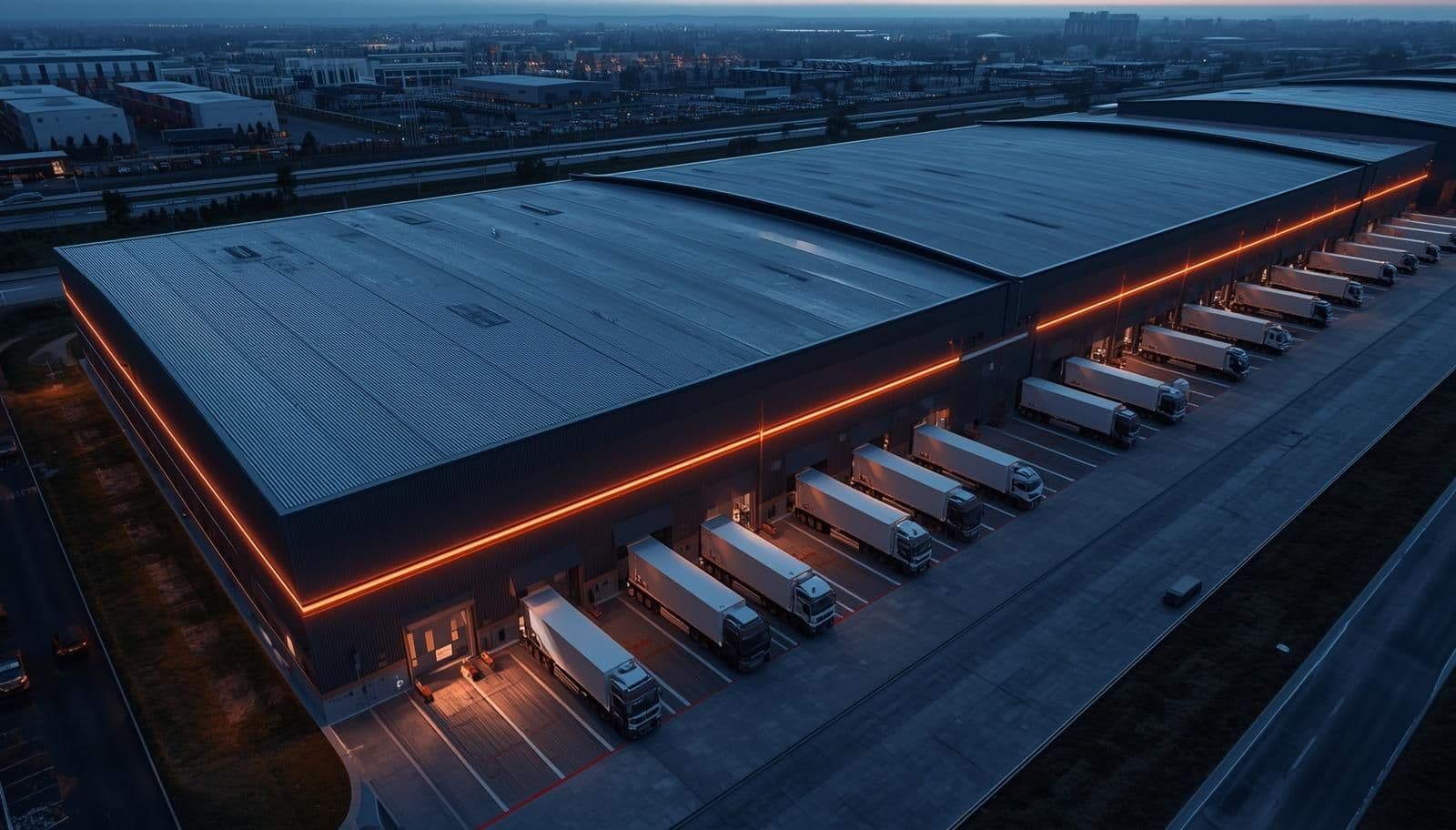 An aerial view of a large, modern Grade-A logistics park at dusk. The building features clean architectural lines illuminated by a vibrant orange neon strip along the roofline, with multiple semi-trucks perfectly aligned at the loading docks, illustrating high-efficiency throughput and modern infrastructure.