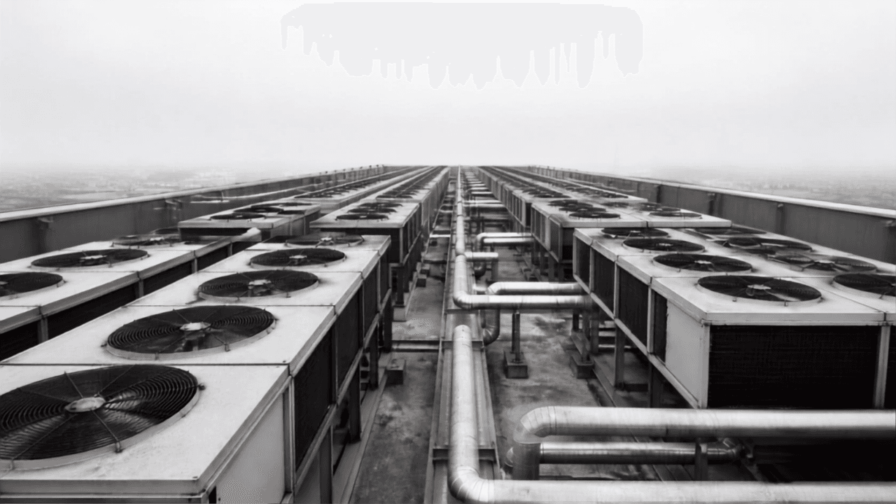 Two banks of rooftop condenser units receding into haze, with insulated pipework running between them.