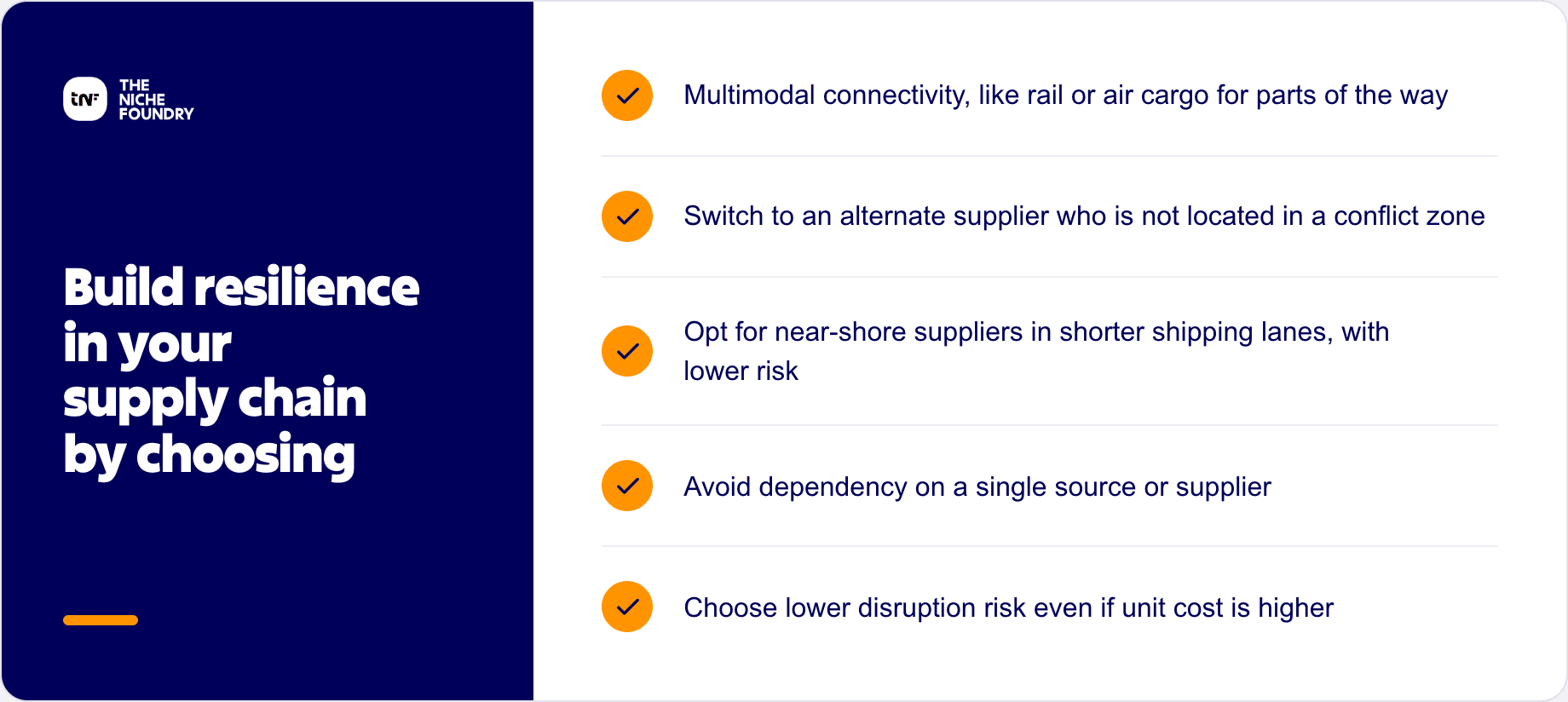TNF India checklist infographic titled "Build resilience in your supply chain by choosing," listing five options with orange ticks on a navy and white layout — multimodal connectivity like rail or air cargo, switching to alternate suppliers outside conflict zones, near-shore suppliers in shorter lanes, avoiding single-source dependency, and choosing lower disruption risk even at higher unit cost.