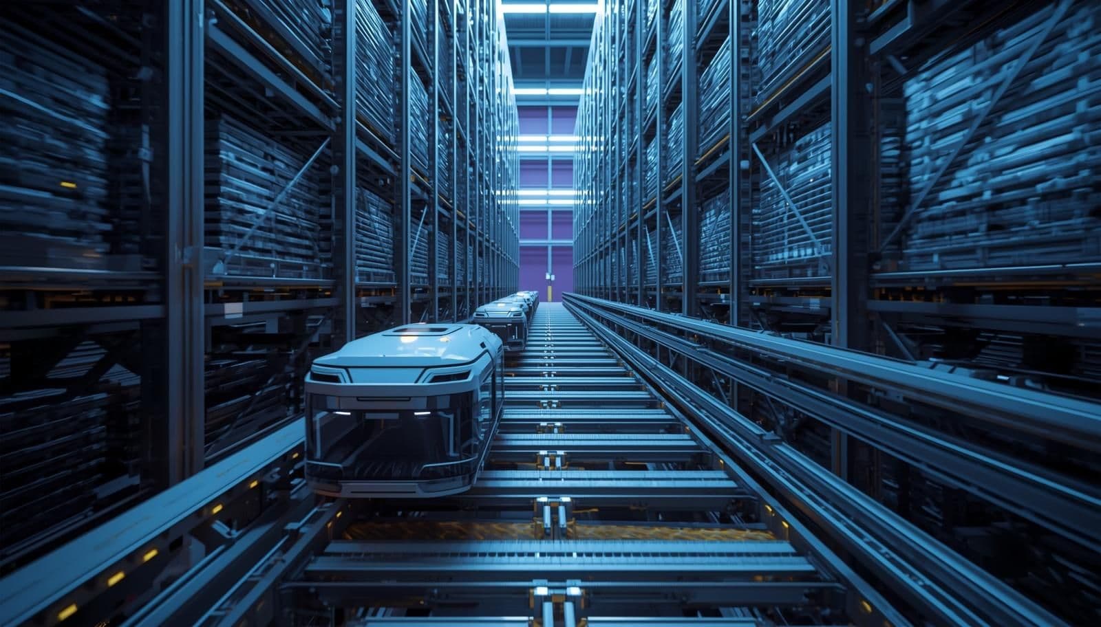 Inside a highly advanced, automated warehouse. Sleek, robotic shuttles carry bins along illuminated rails through massive, densely packed vertical storage racks, showcasing precision automation, high-density storage, and minimal human intervention.