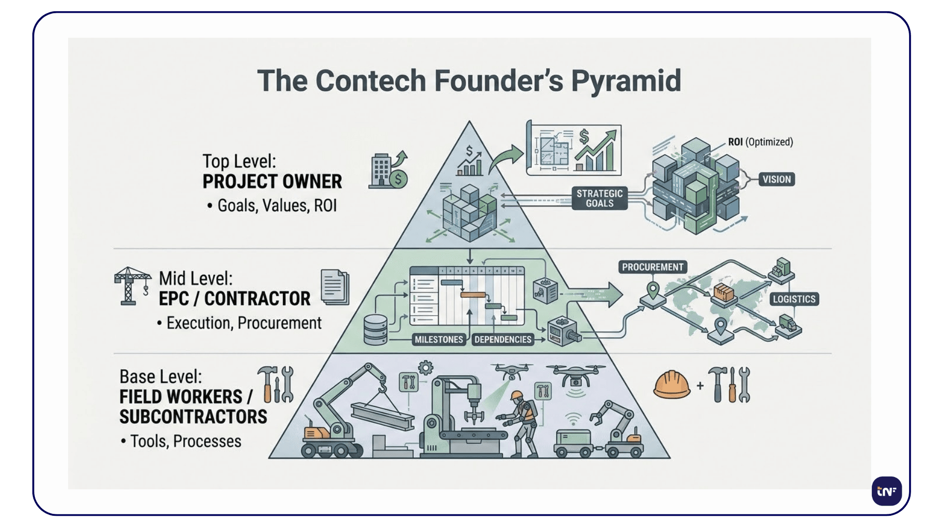 The Contech Founder's Pyramid infographic showing three stakeholder tiers: Project Owners focusing on ROI, EPCs on execution, and Subcontractors on field processes.
