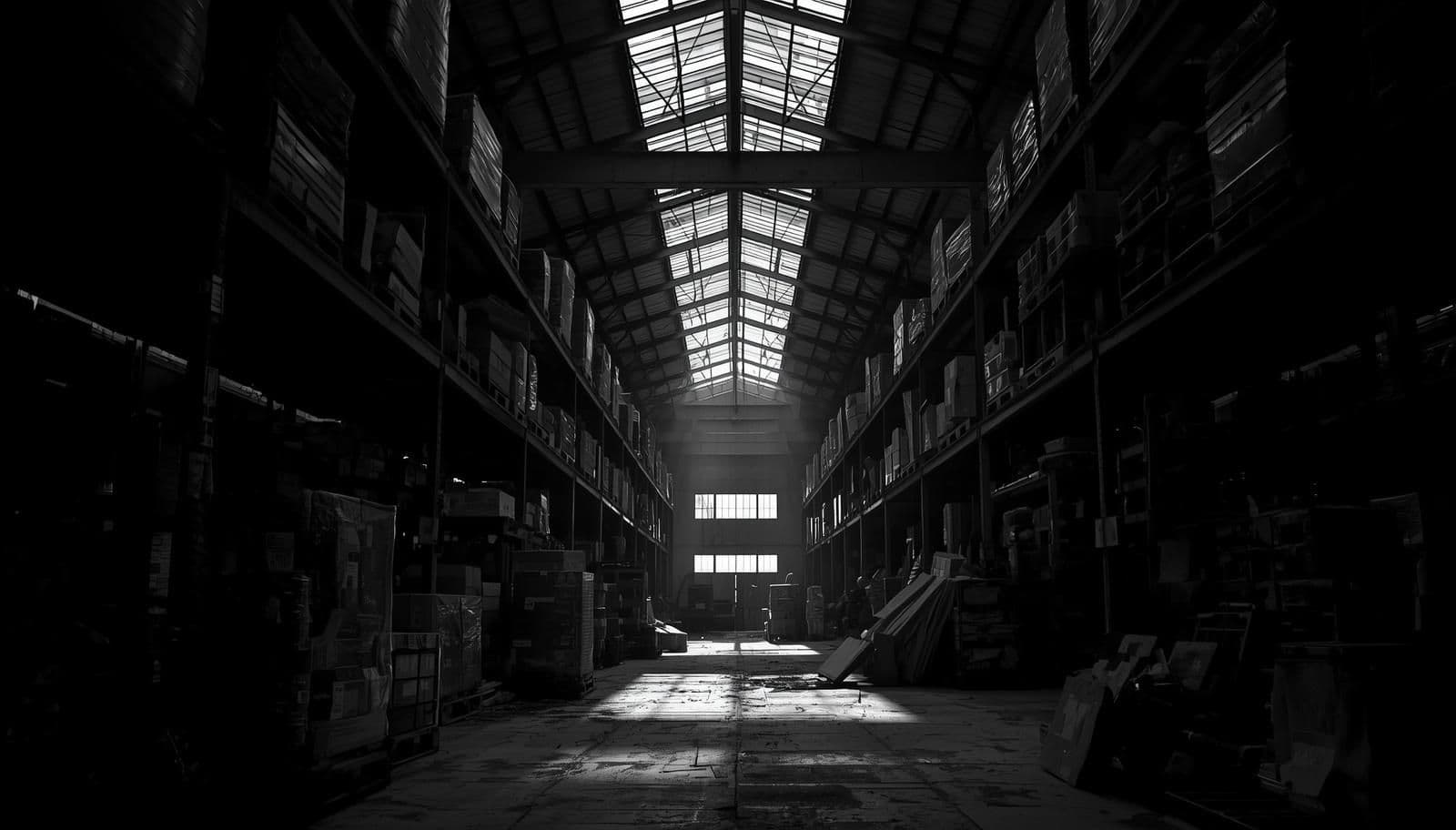 A dark, moody interior shot of a traditional, legacy warehouse. Wooden pallets and disorganized boxes are stacked along the sides in the shadows, with a single beam of light shining from the ceiling onto an empty, dusty concrete floor, highlighting the lack of automation and spatial optimization