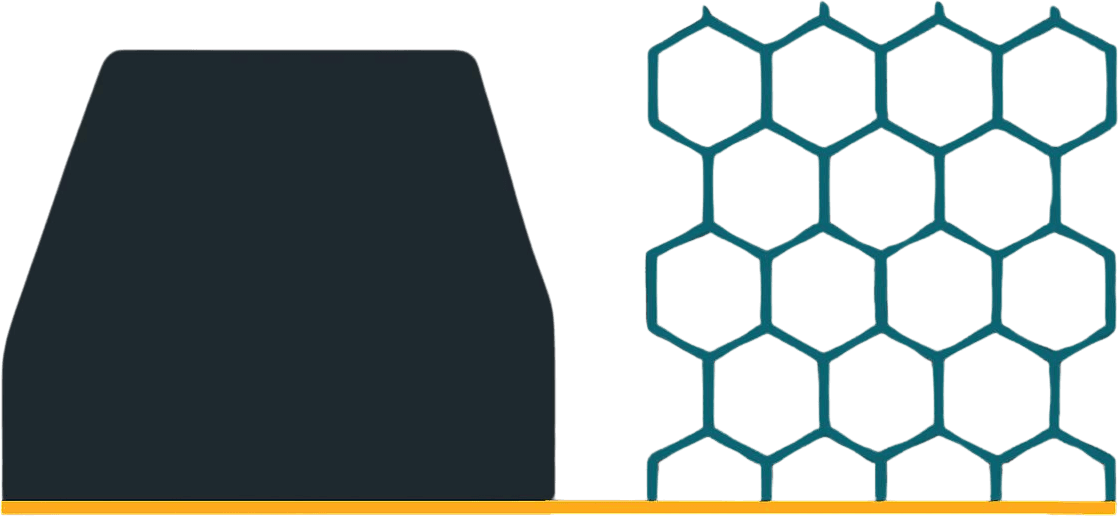 A heavy dark block sits beside an open teal hexagonal lattice of equal size, both on a single gold baseline.