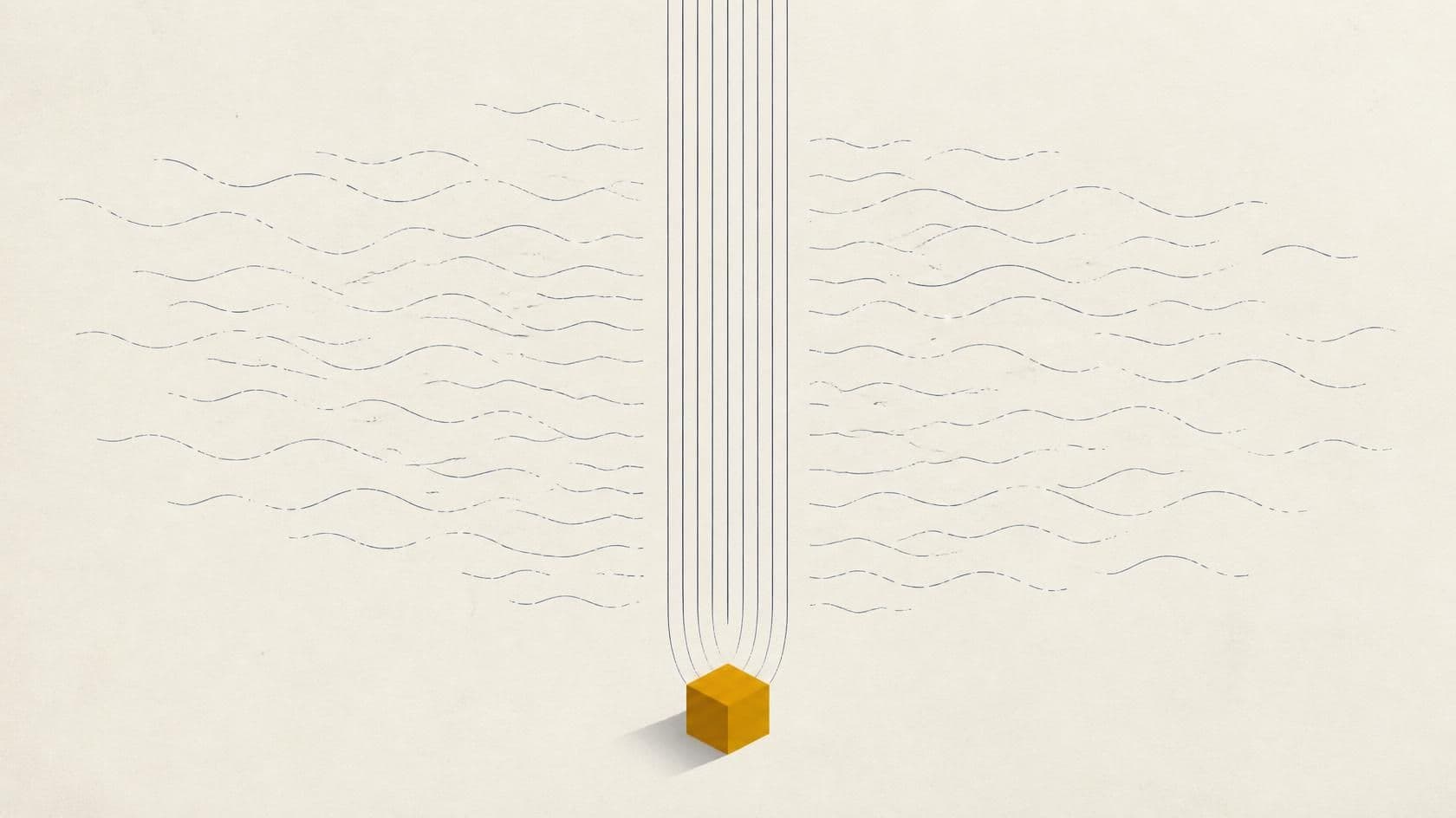 Minimalist vector illustration of thin, broken slate-blue wavy lines drifting across an off-white frame, representing intermittent renewable energy. Above a single solid amber cube at the centre-bottom, the lines turn straight and continuous — depicting firm, dispatchable baseload power stabilising a volatile grid.
