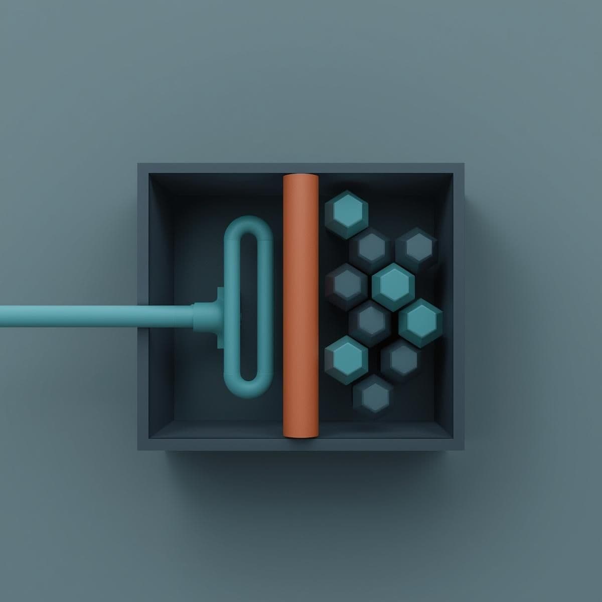 A minimalist vector illustration on a light ash-grey background showing a steel-grey industrial chamber. A stream of teal blocks representing water enters from the left, is cleanly split by a solid terracotta vertical line representing electrical current, and exits on the right as perfectly structured teal hexagons representing pure hydrogen.