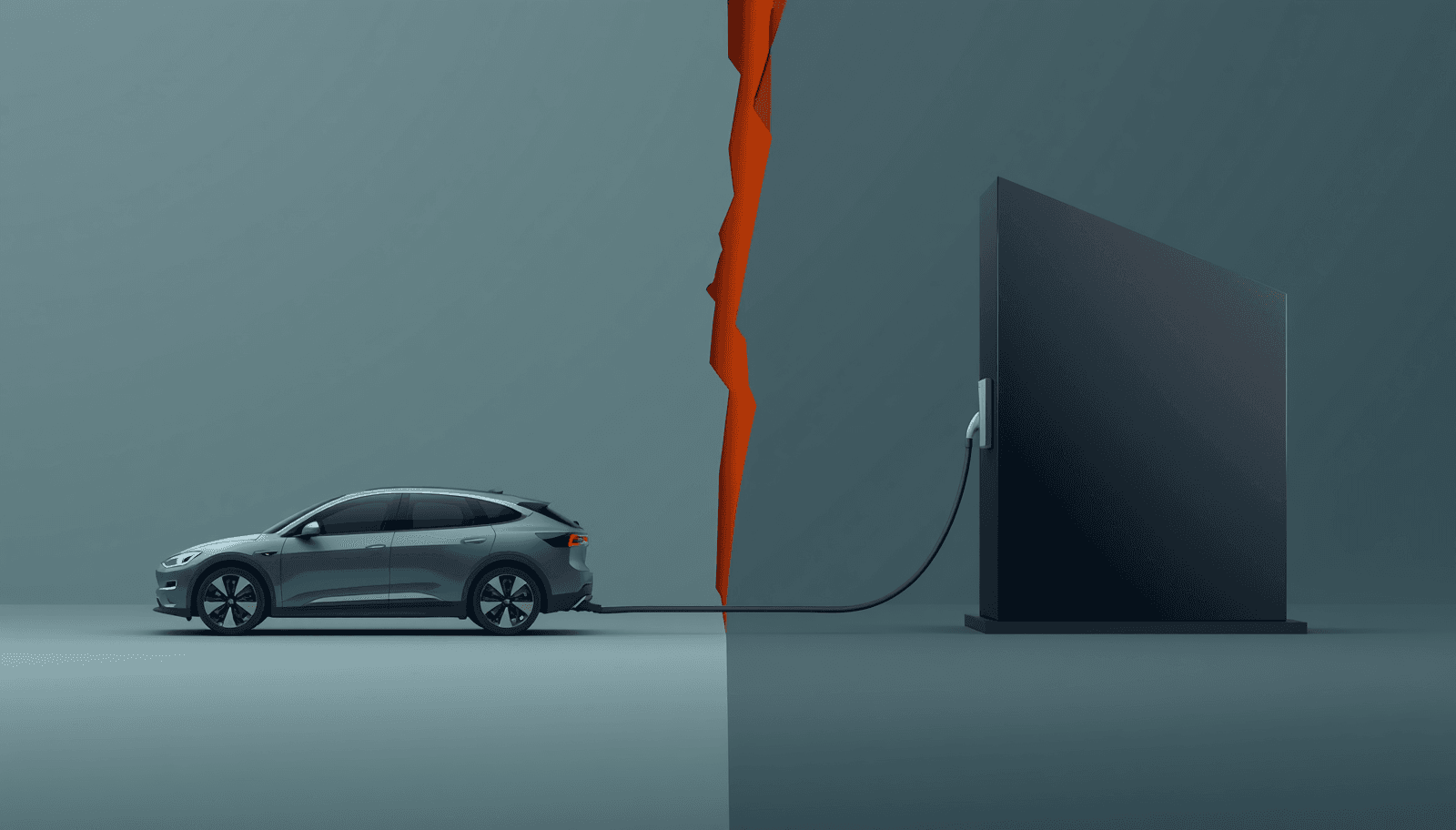 A minimalist illustration on a light ash background showing a teal geometric car shape connected to a dark obsidian charging monolith by a thick grey cable that is sharply severed in the centre.