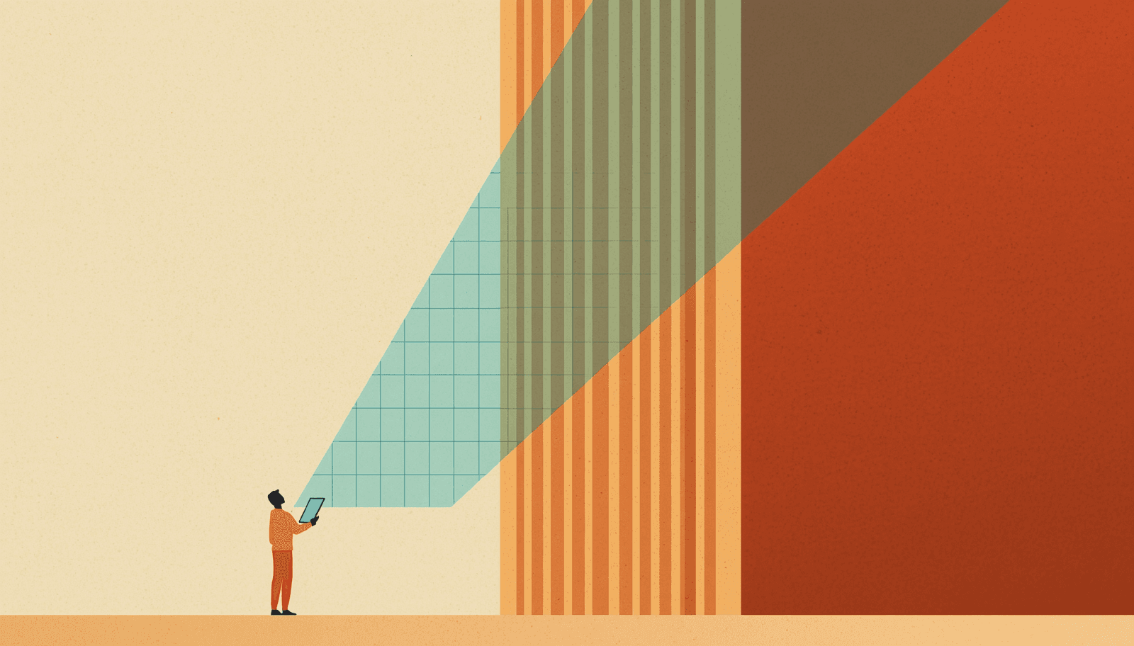 Illustration representing construction technology (contech) integration in India, featuring a digital architectural grid displayed on a tablet.