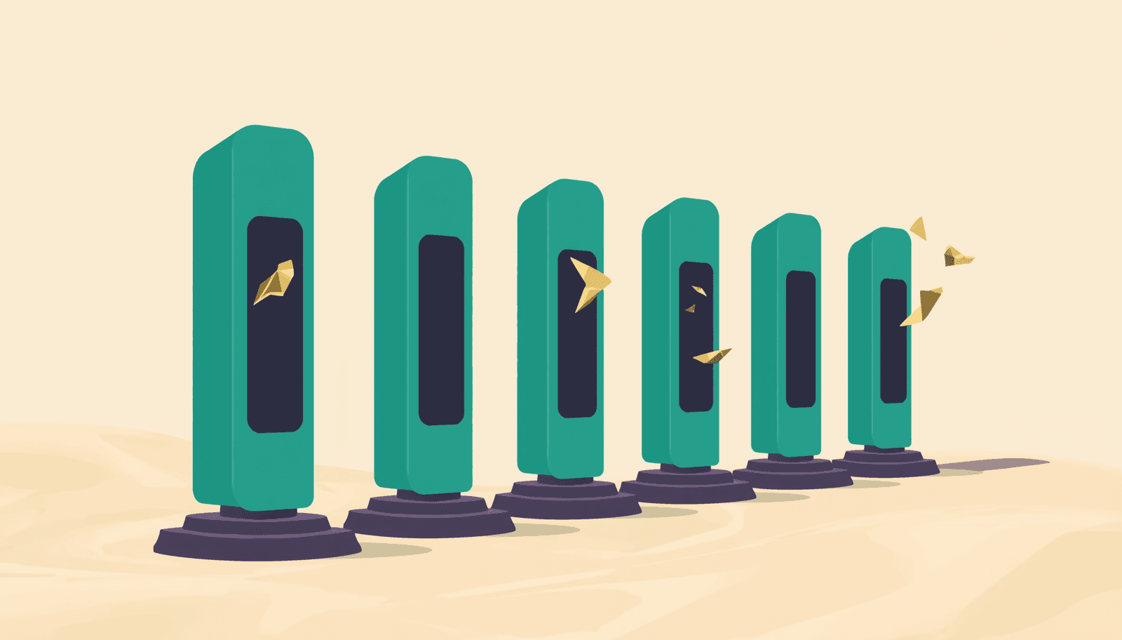 A minimalist vector illustration on a light sand background showing a row of geometric teal charging pillars rising from a solid dark-purple base. Each pillar is hollow at its core, revealing a dark void inside. Gold geometric shards float toward the base of each pillar but stop short, suspended in mid-air, unable to enter.