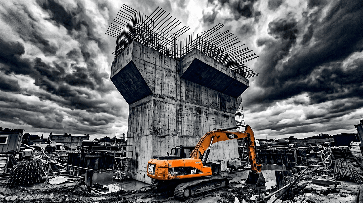 A highly contrasted, desaturated image of a towering, unfinished concrete bridge pillar with exposed rebar against a stormy, dramatic sky. At its base sits a bright orange excavator, highlighting the heavy capital exposure and execution risks inherent in delayed infrastructure projects.