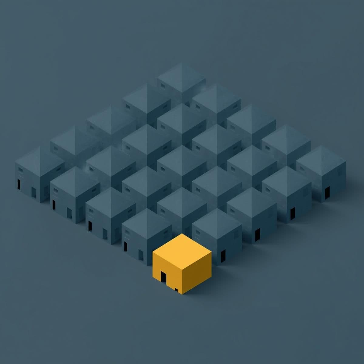 An isometric illustration on a dark background. A single mustard yellow foundational block at the front multiplies backward into a massive, perfectly aligned grid of hundreds of identical, solid slate blue architectural blocks.