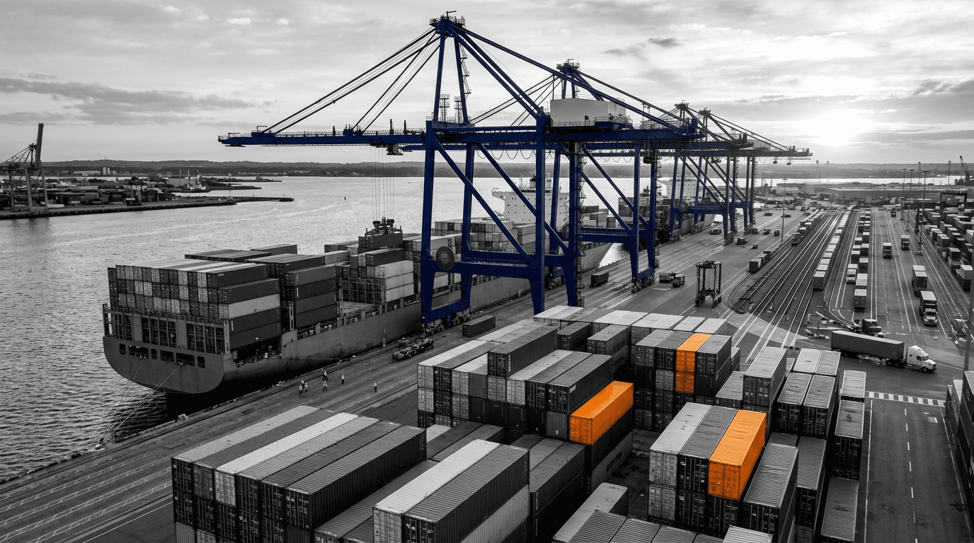 An industrial black-and-white aerial shot of a bustling shipping port featuring massive blue cranes and a docked cargo ship. Several shipping containers are highlighted in vibrant orange, symbolizing the critical value of logistics nodes and the necessity of predictable revenue streams to ensure project bankability.