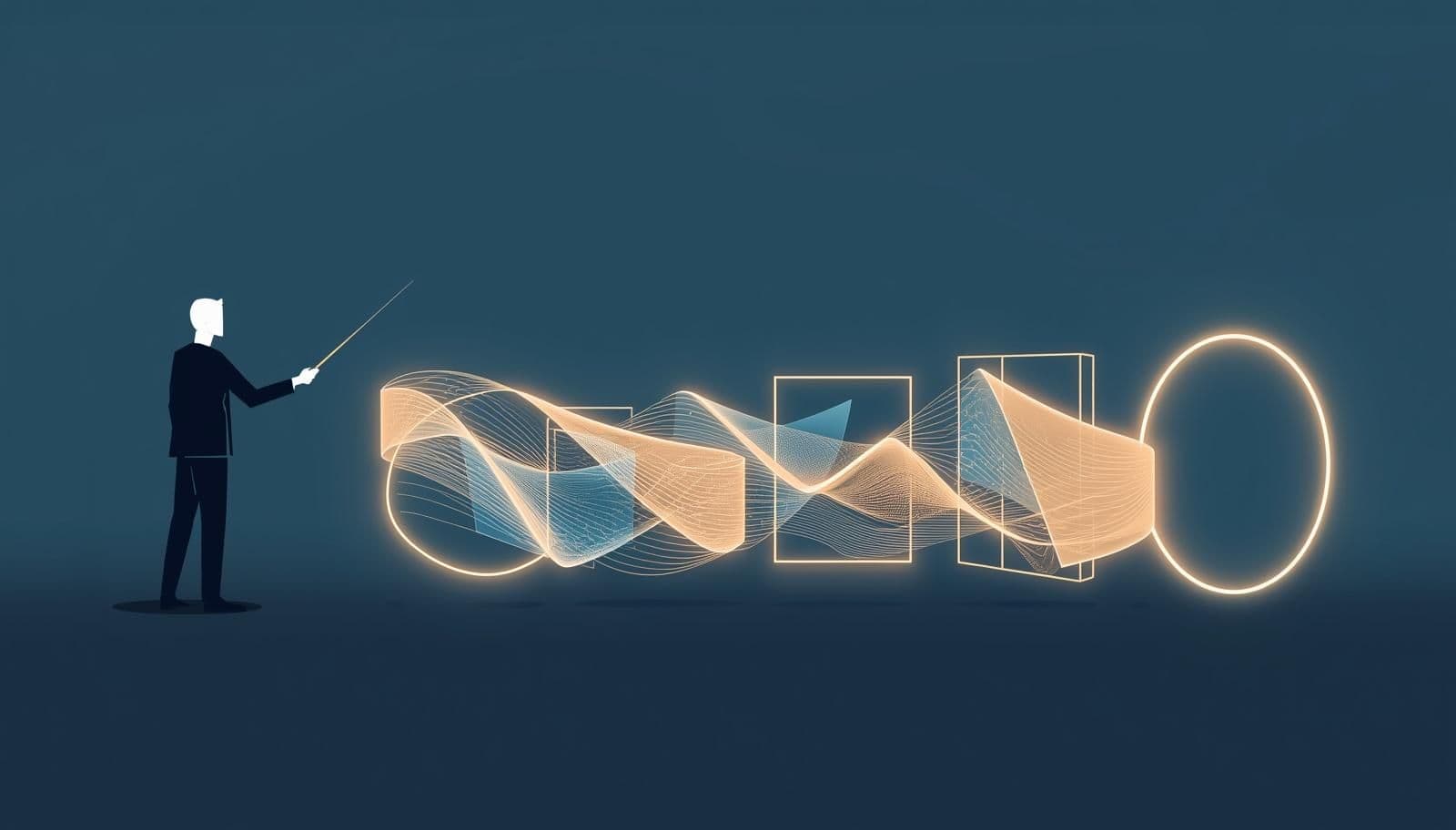 A sophisticated workflow diagram on a dark blue background. On the left, a human hand forming an Indian classical mudra directs shapes through preparation stages like 'Test Harness' and 'SME Sign Off'. On the right, the shapes form a perfect Kolam grid, passing through deployment stages like 'Canary' and 'Live Deploy'. This uses the cultural metaphor of a Mudra guiding a Kolam to symbolize disciplined human-in-the-loop governance and the highly structured deployment of GenAI models.