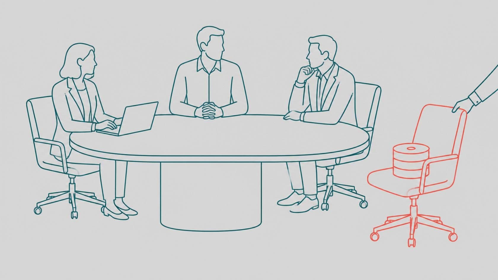 Illustration of a data due diligence lead pulling up a fourth seat at the M&A deal table