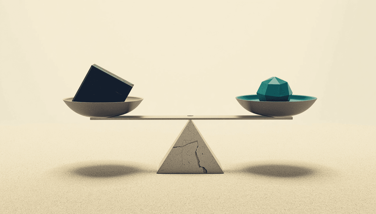 A conceptual illustration on a light sand background showing a geometric weighing scale. The left pan holds a large heavy dark obsidian block and sinks dramatically near the ground. The right pan holds a small teal geometric charger and rises high into the air. The scale's central supporting pillar has a visible diagonal crack running through it.