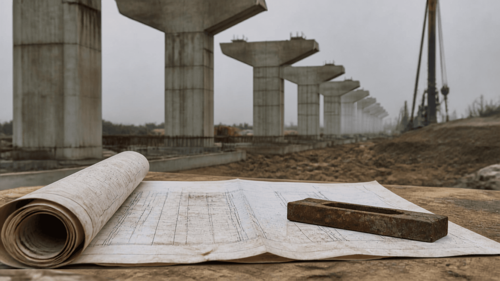 A metro viaduct cross-section drawing pinned to a board in a site office, with rolled drawings racked beside it and a worker in a hard hat turned away at the edge of the frame.