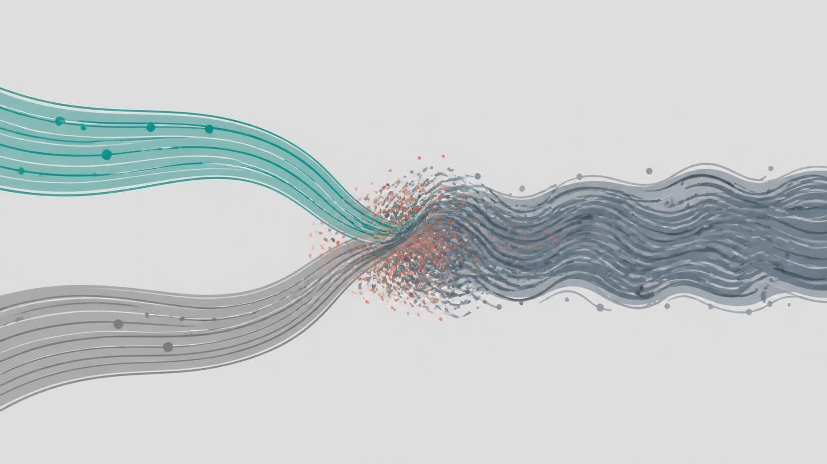 Illustration of two clean data streams merging into a muddy confluence after an acquisition.