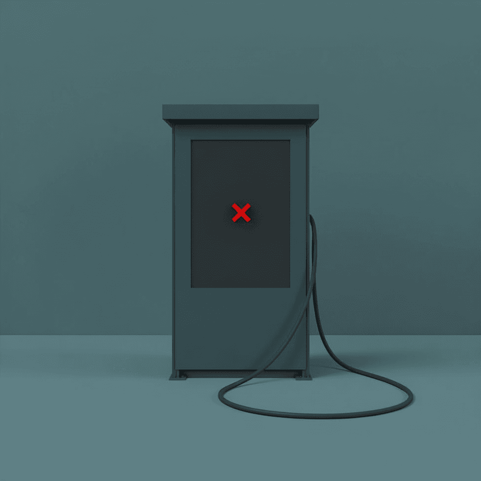 A minimalist illustration of a teal industrial kiosk with a completely blank, dark obsidian screen and a useless steel-grey cable lying on the ground.