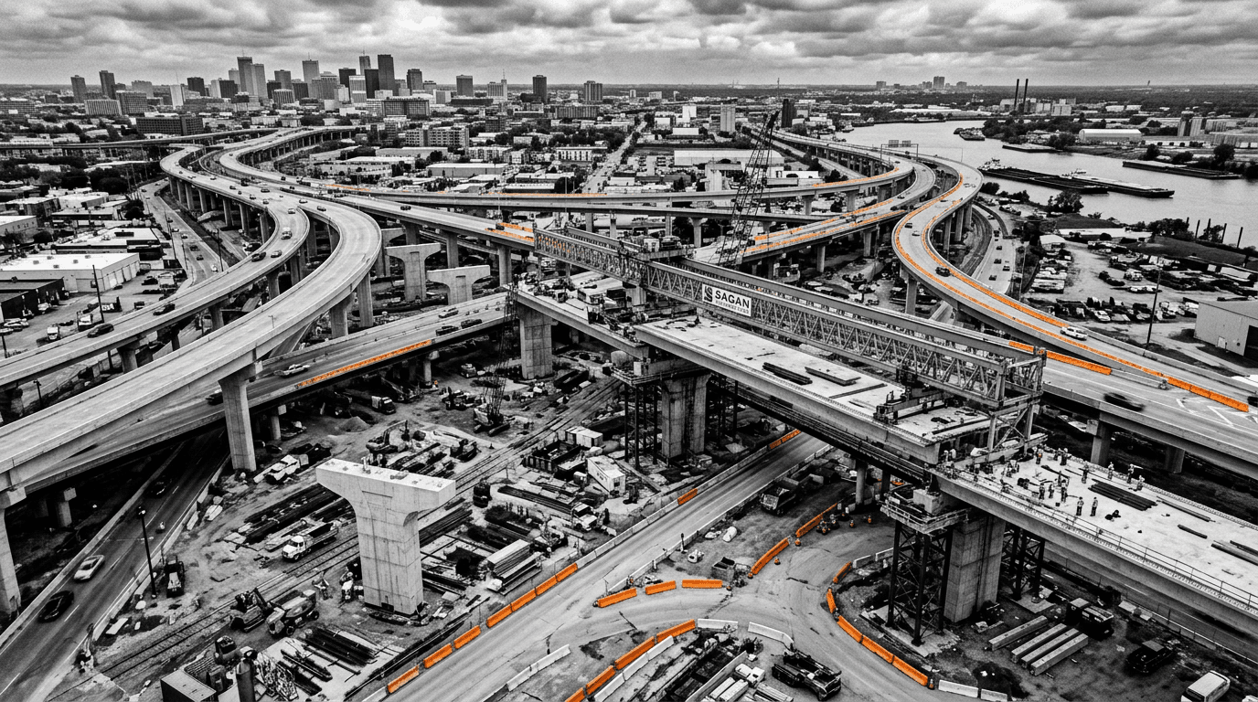 A sweeping black-and-white aerial view of a massive, multi-layered highway interchange under construction. Bright orange highlights on the concrete barriers trace the active pathways, representing the immense scale and operational execution required in modern infrastructure development.