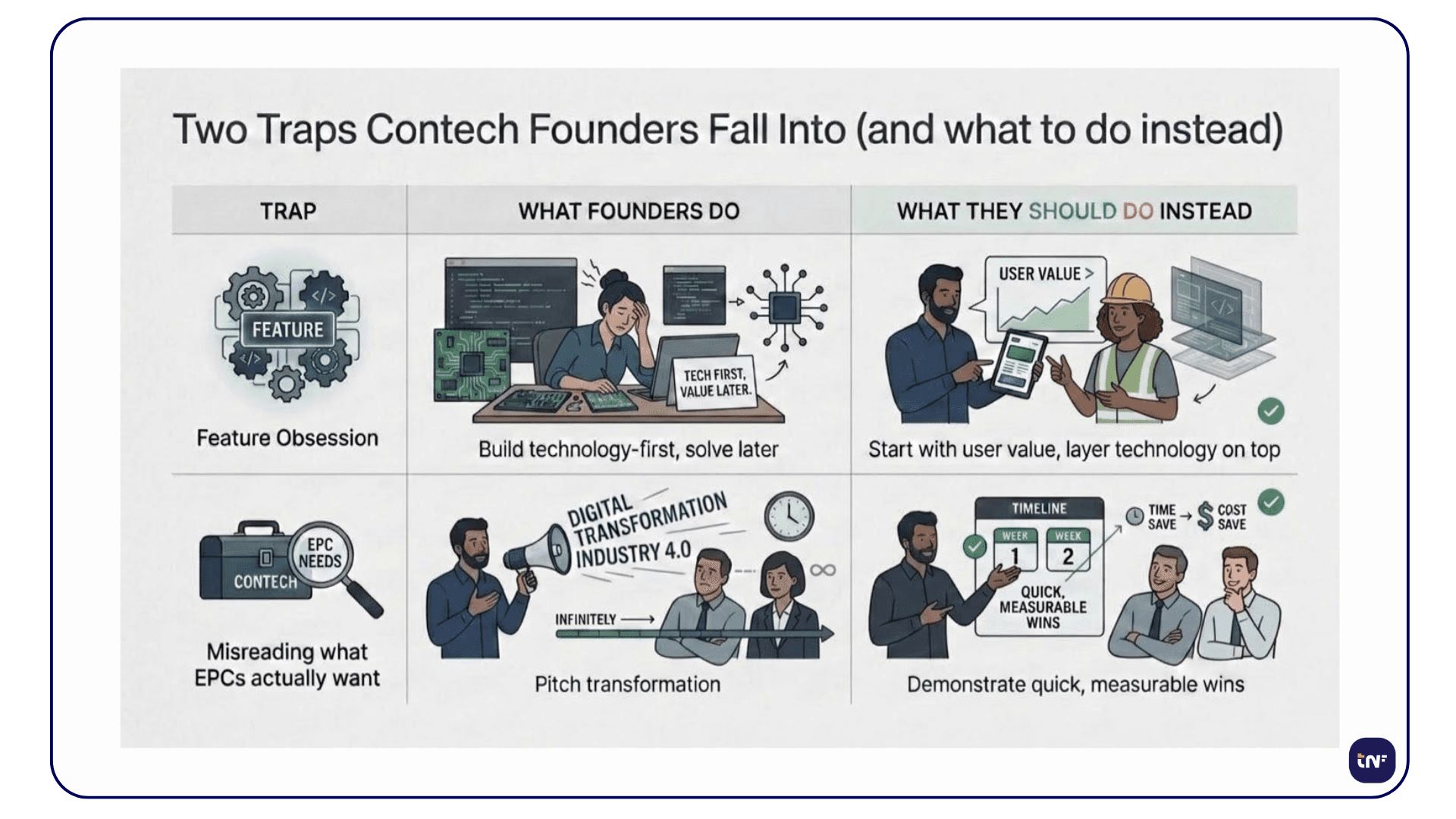 Infographic outlining two primary traps for contech startups: prioritising feature obsession over user value, and pitching long-term transformation instead of immediate operational wins.