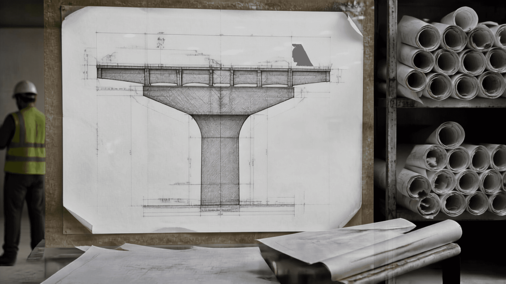 A rolled paper construction drawing weighted with a rusted steel offcut on a site table, with a line of concrete metro viaduct piers receding into haze behind it.