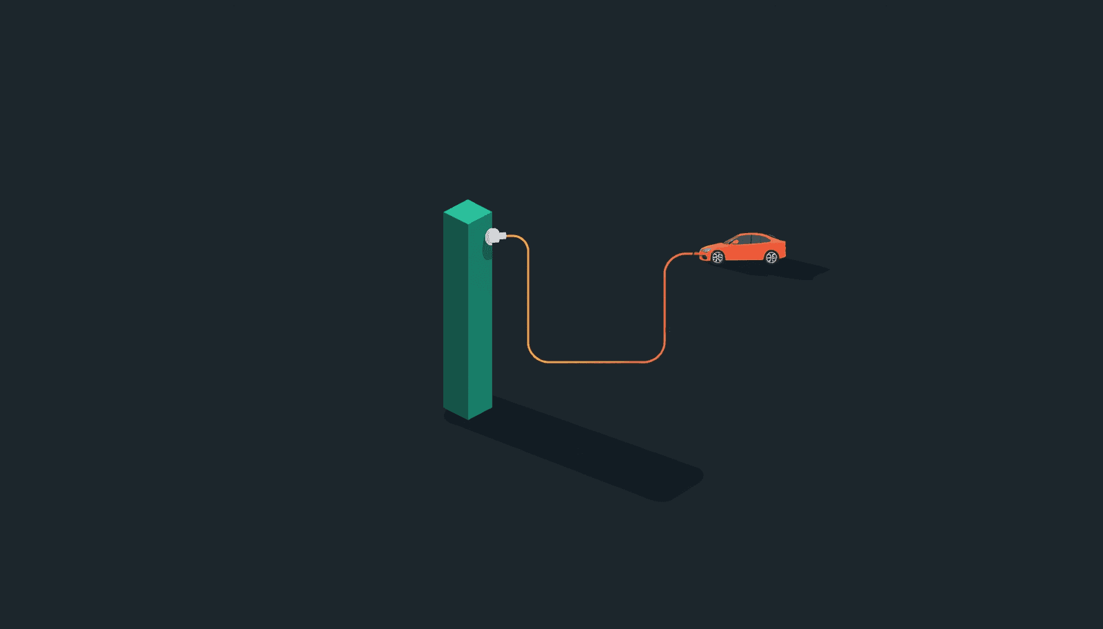 A conceptual illustration on a dark obsidian background showing a single geometric teal charging pillar at the centre connected to a small vehicle on the right by a thin gold line indicating active use. Behind the pillar, its shadow is rendered in terracotta rather than grey — shaped identically to the pillar but with its cable unplugged — and is slightly larger than the pillar itself.