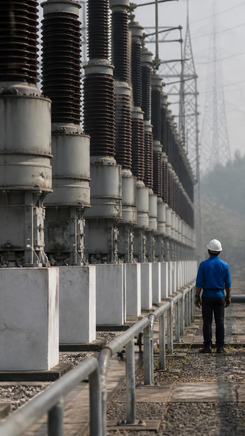 High-voltage transformer bushings in a row at a substation compound.