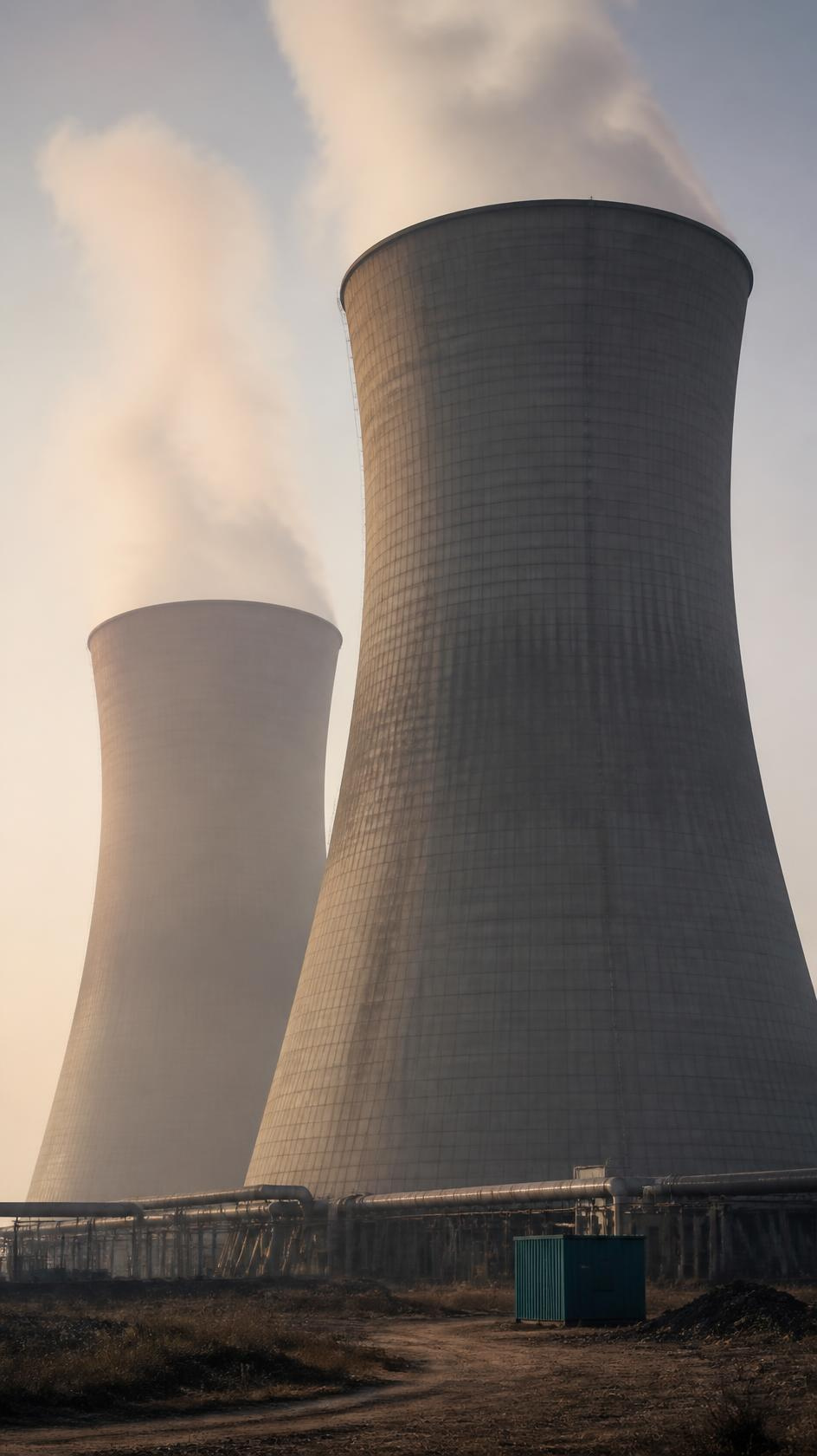 Cooling towers at a coal-fired thermal power plant in haze.