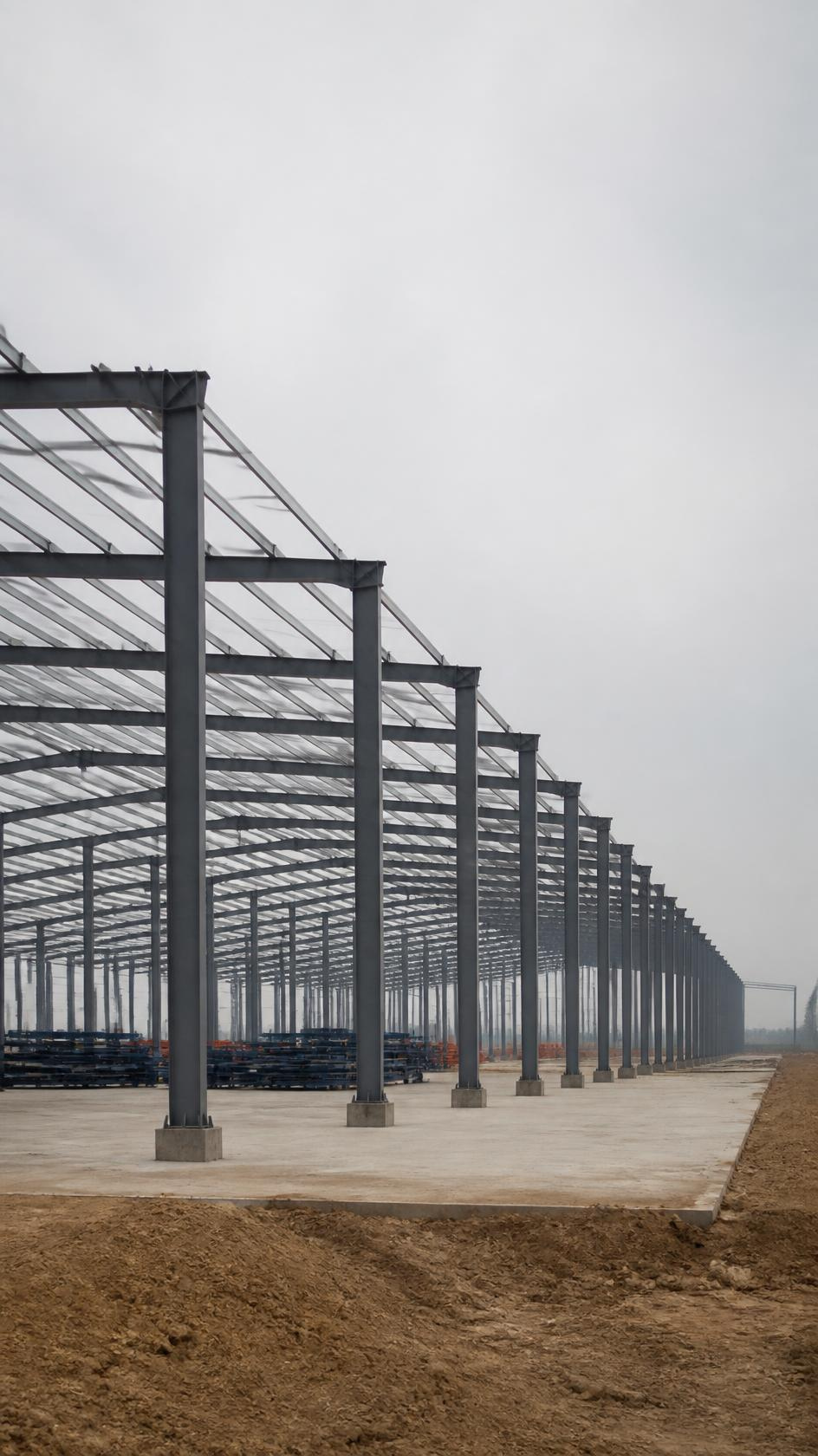 A logistics warehouse under construction, steel roof portal frames open to the sky above a poured floor slab.