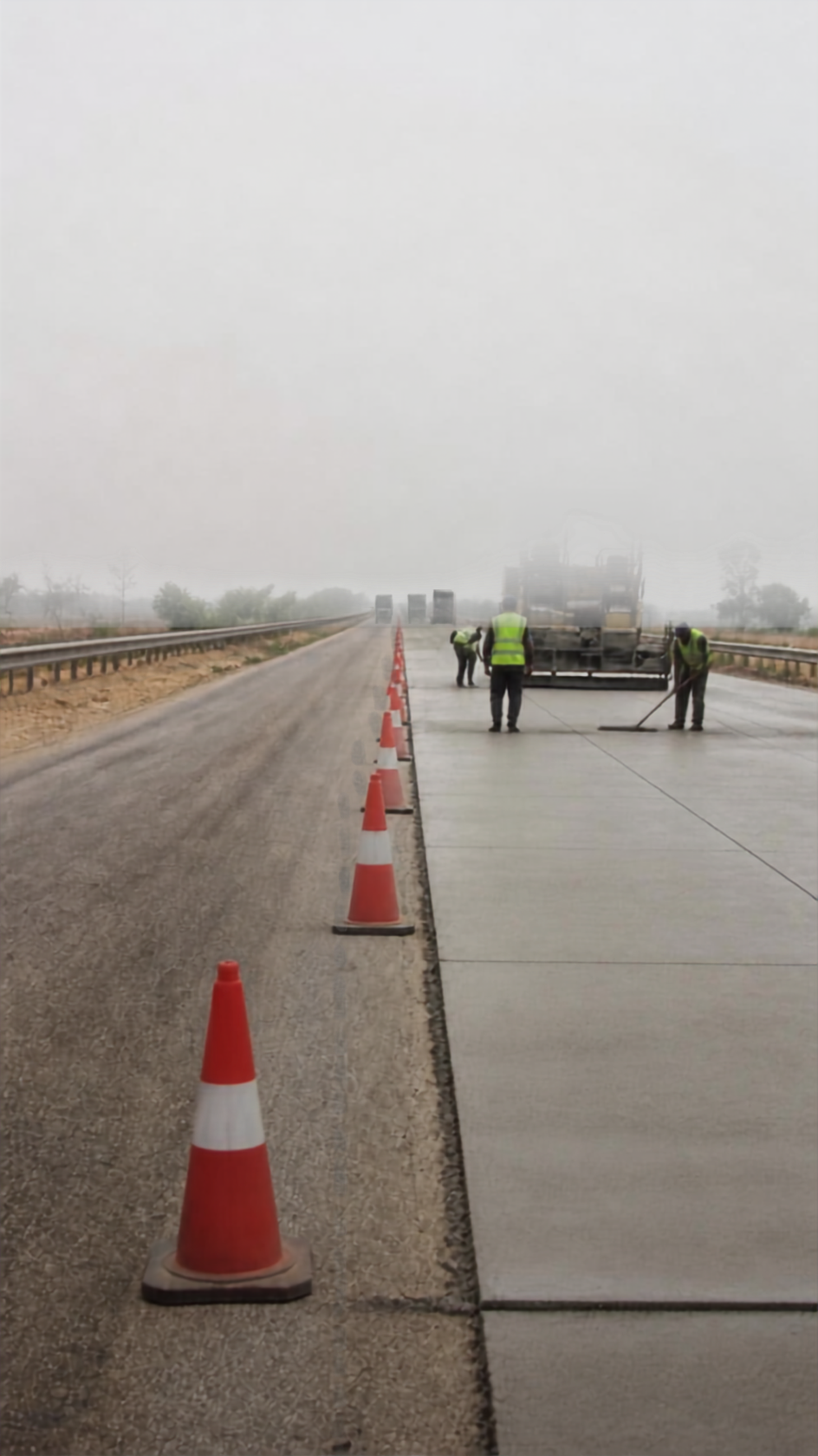 A maintenance crew working behind a line of cones on one carriageway, fresh pavement meeting older surface.
